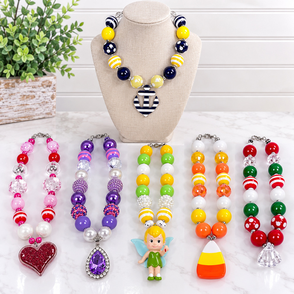 Lot 6 Chunky Bubble Bead Novelty Pendant Necklaces Holiday Fairy Heart Anchor
